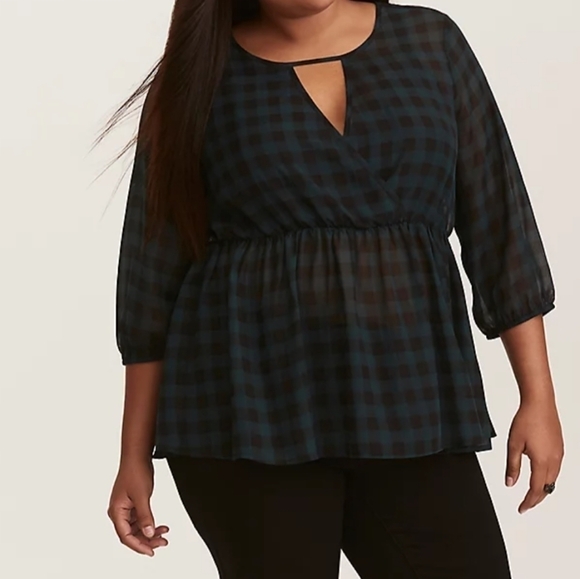 Torrid Gingham Chiffon Sheer Peplum Top - Picture 1 of 4